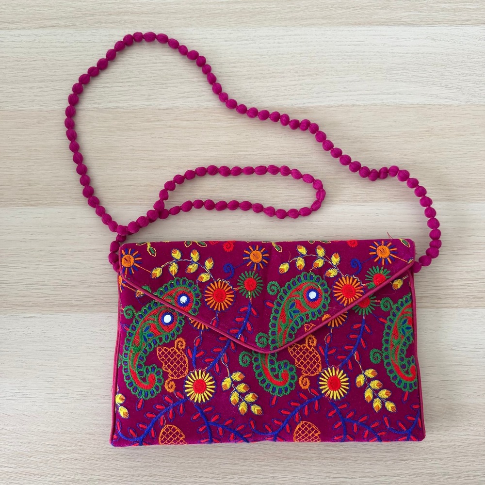 Magenta Pink Embroidered Paisley Mirror Crossbody Bag Pom Pom Strap Small